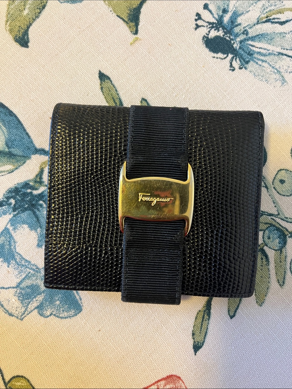 Salvatore Ferragamo Black Textured Leather Card Holder with Gold Bow Accent